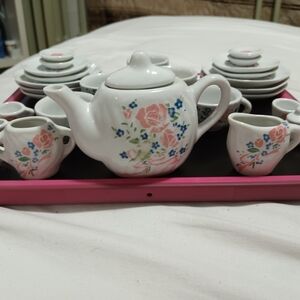 Floral Tea Set with Pink Tray